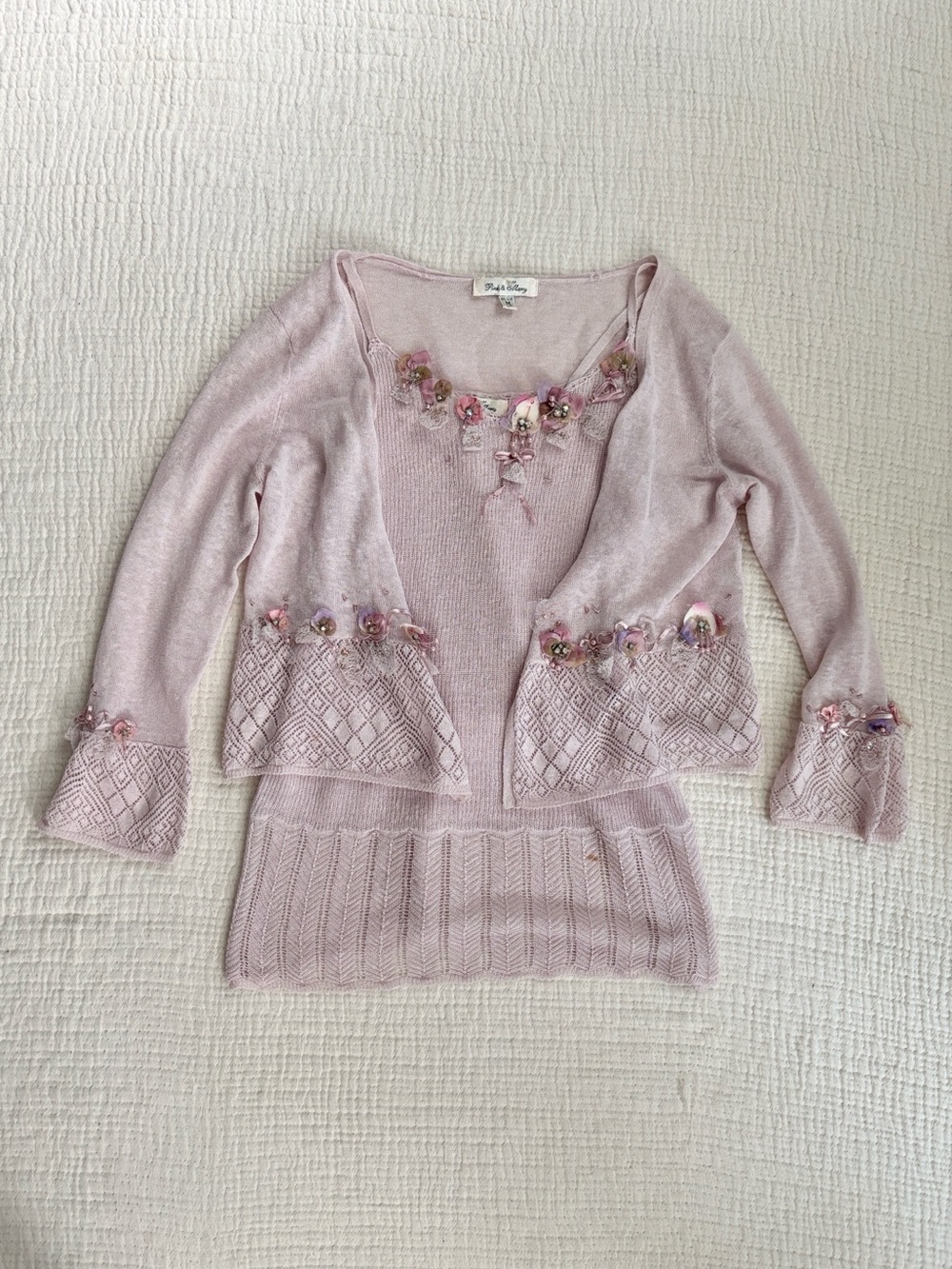 Pink Mary Floral Lace Knit Cardigan Cami Set Size M